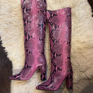 BN Paris Texas fuchsia snake-embossed knee high boots